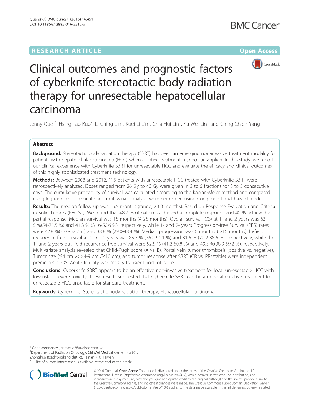 Clinical Outcomes and Prognostic Factors of Cyberknife Stereotactic