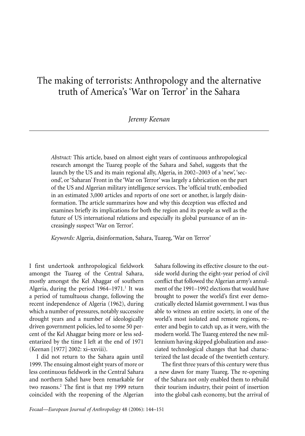 The Making of Terrorists: Anthropology and the Alternative Truth of America’S ‘War on Terror’ in the Sahara