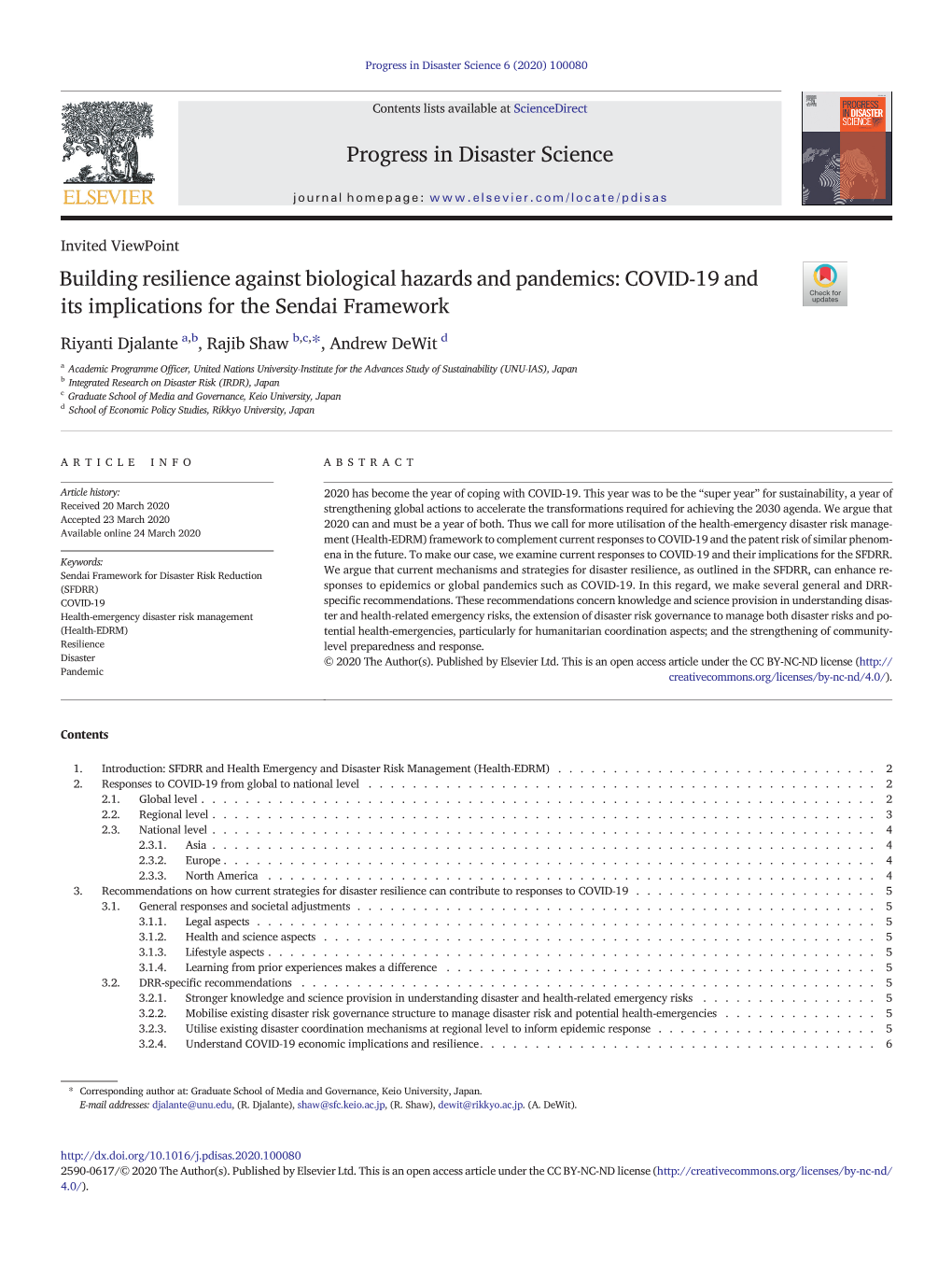 COVID-19 and Its Implications for the Sendai Framework