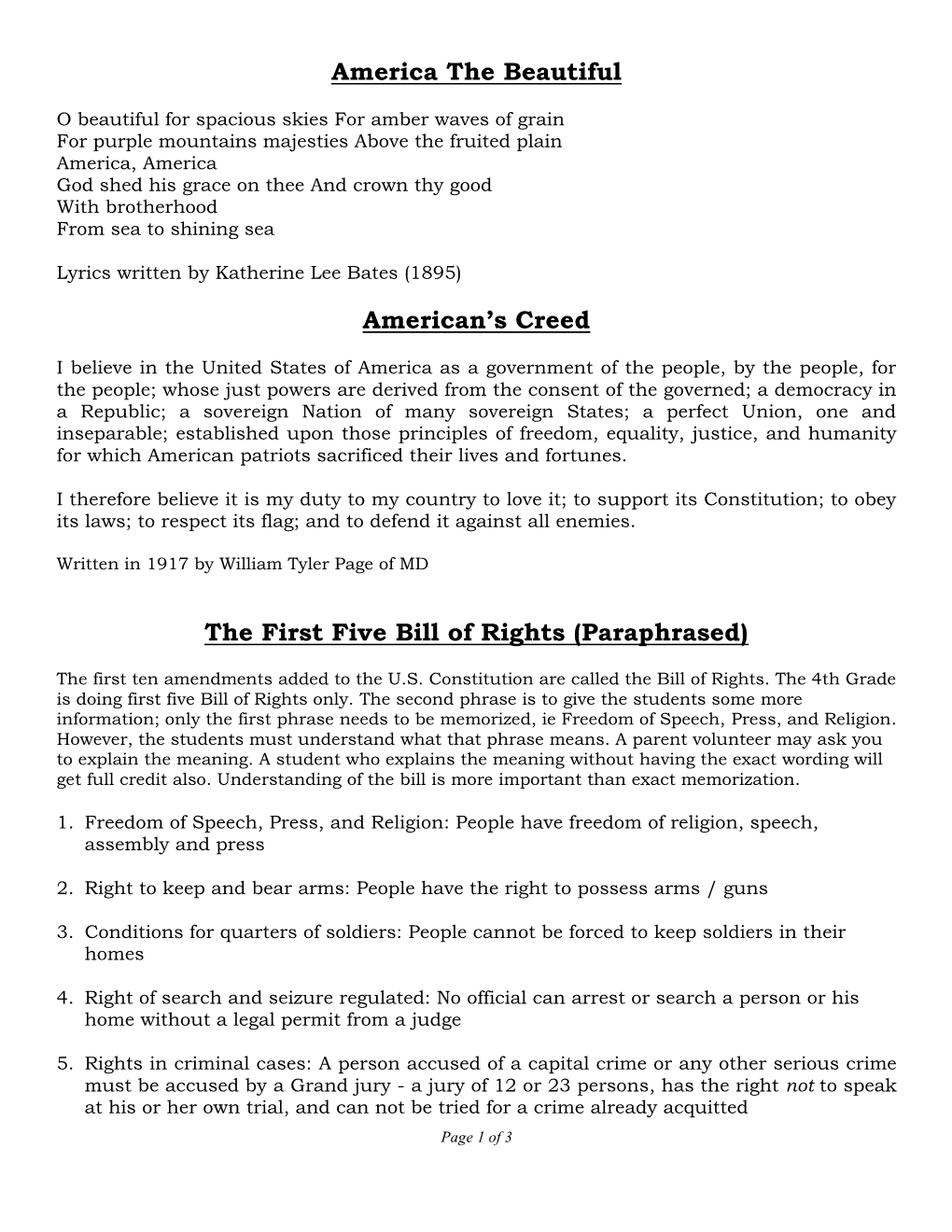 America the Beautiful American's Creed the First Five Bill of Rights