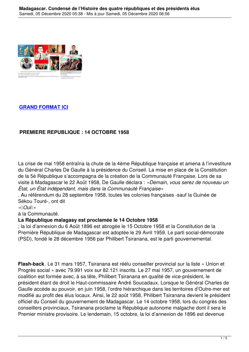 Madagascar. Condensé De L'histoire Des Quatre Républiques Et Des