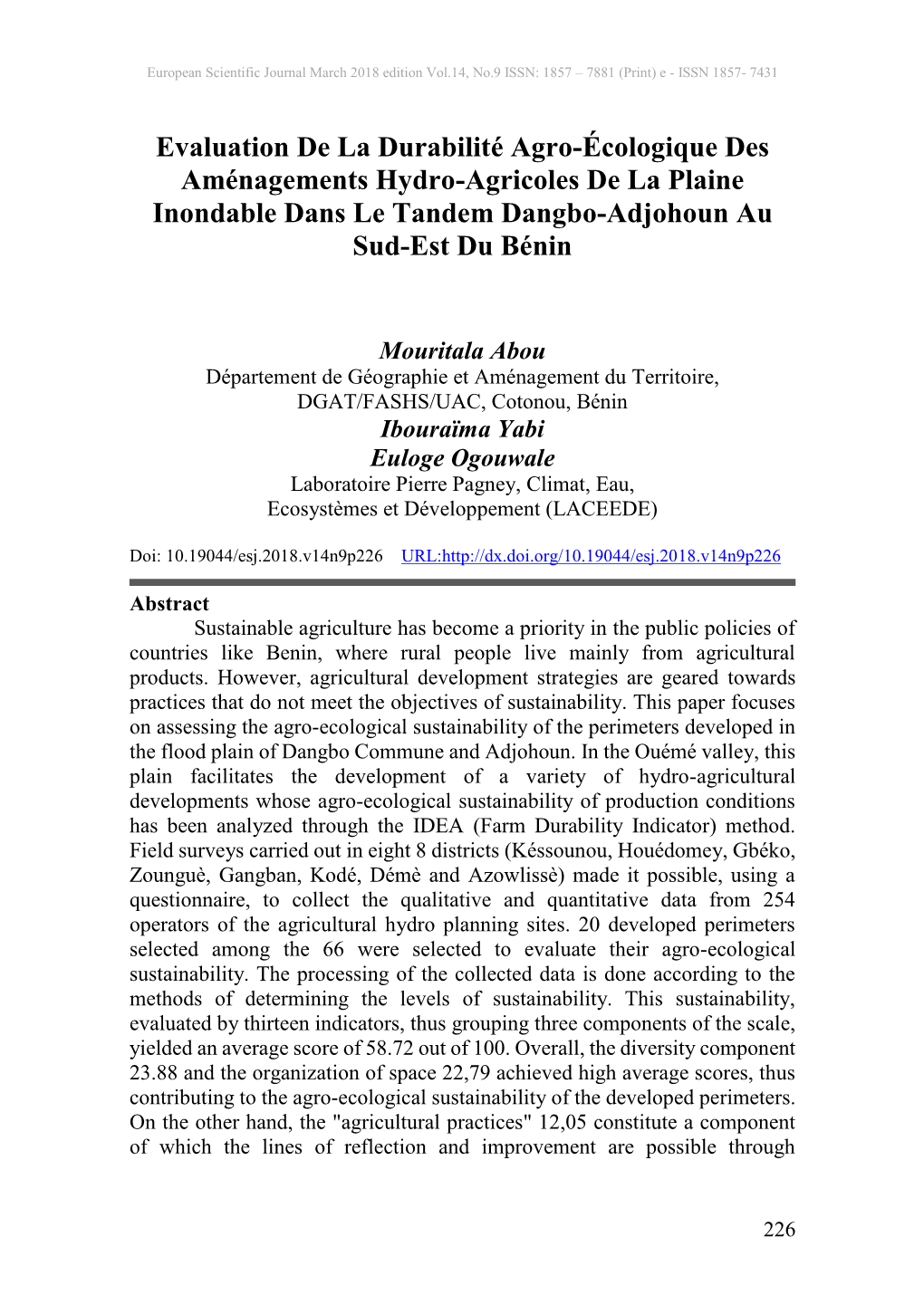 Evaluation De La Durabilité Agro-Écologique Des Aménagements Hydro-Agricoles De La Plaine Inondable Dans Le Tandem Dangbo-Adjohoun Au Sud-Est Du Bénin