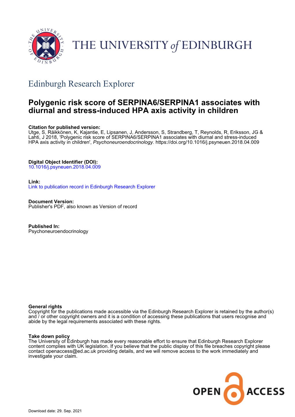 Polygenic Risk Score of SERPINA6/SERPINA1 Associates with Diurnal and Stress-Induced HPA Axis Activity in Children