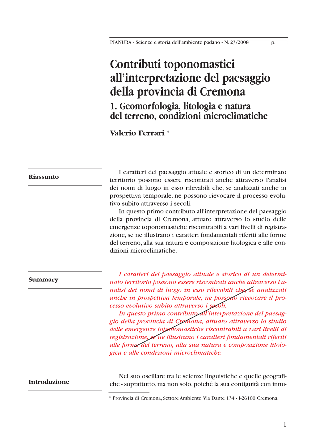 Contributi Toponomastici All'interpretazione Del Paesaggio Della Provincia Di Cremona