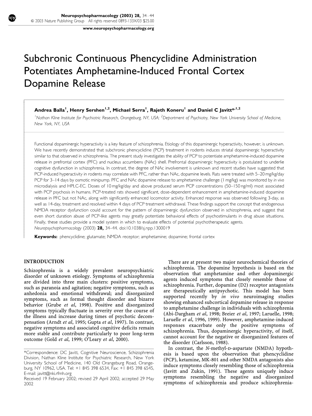 Subchronic Continuous Phencyclidine Administration Potentiates Amphetamine-Induced Frontal Cortex Dopamine Release