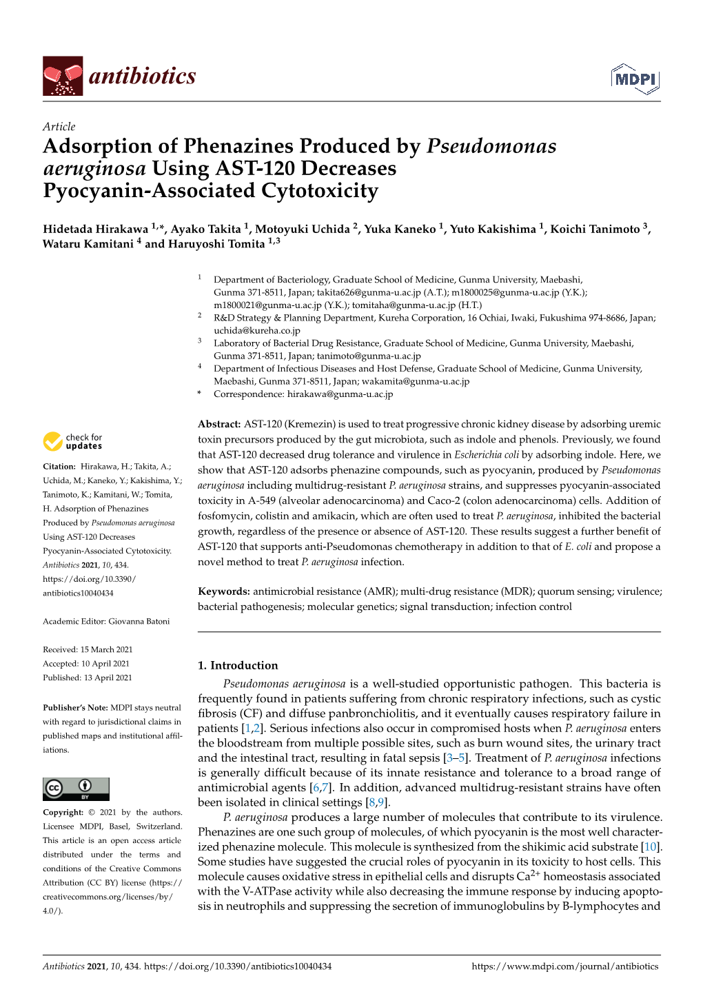 Adsorption of Phenazines Produced by Pseudomonas Aeruginosa Using AST-120 Decreases Pyocyanin-Associated Cytotoxicity