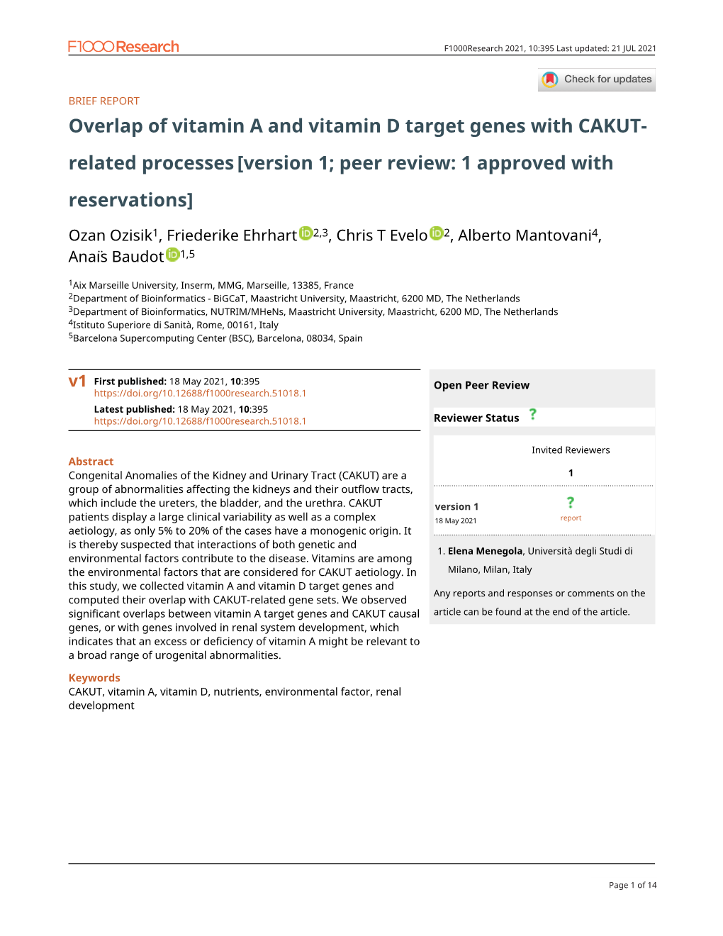 Overlap of Vitamin a and Vitamin D Target Genes with CAKUT- Related Processes [Version 1; Peer Review: 1 Approved with Reservations]