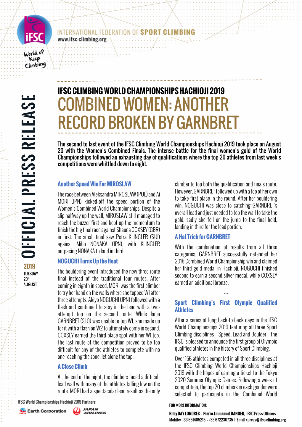 Offic Ial Press Release Combined Women: Another Record Broken by Garnbret