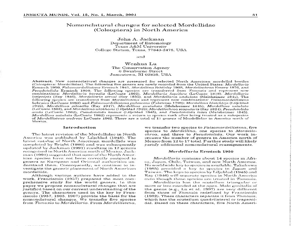 Nomenclatural Changes for Selected Mordellidae (Coleoptera) in North America