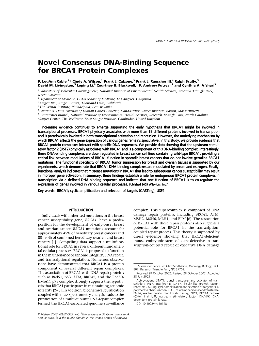 Novel Consensus DNA-Binding Sequence for BRCA1 Protein Complexes