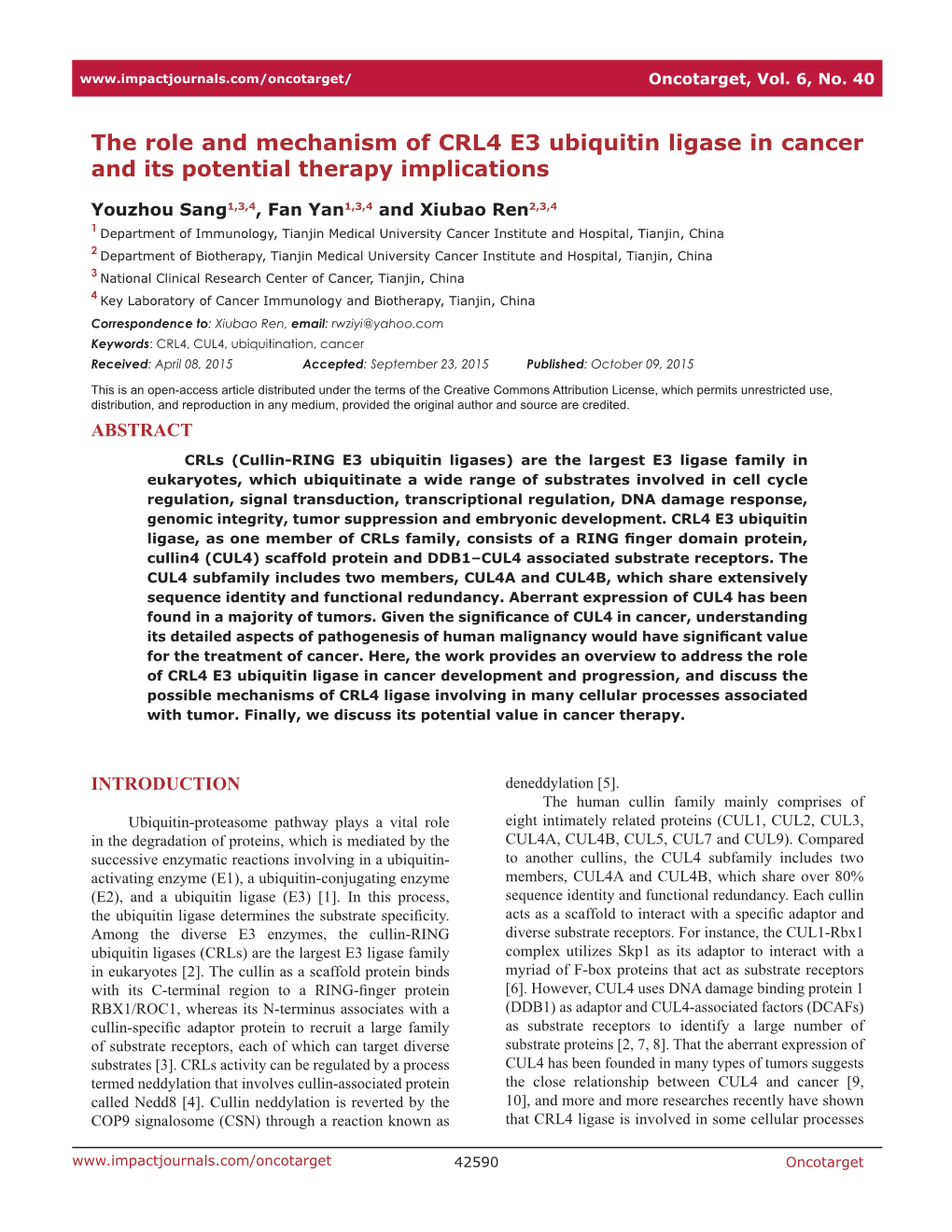 The Role and Mechanism of CRL4 E3 Ubiquitin Ligase in Cancer and Its Potential Therapy Implications