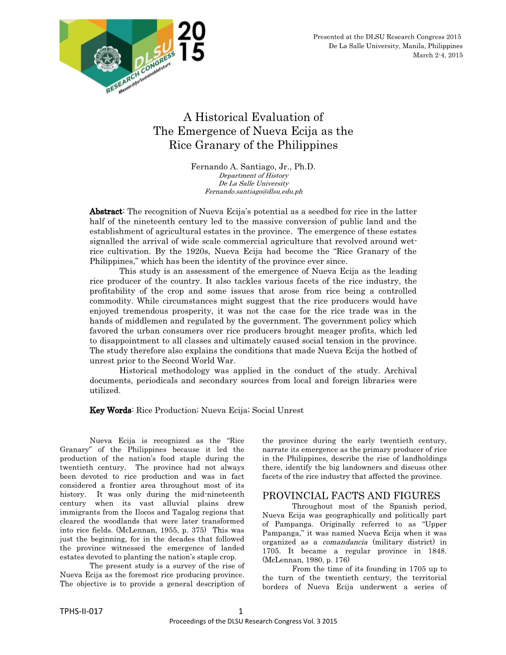 A Historical Evaluation of the Emergence of Nueva Ecija As the Rice Granary of the Philippines