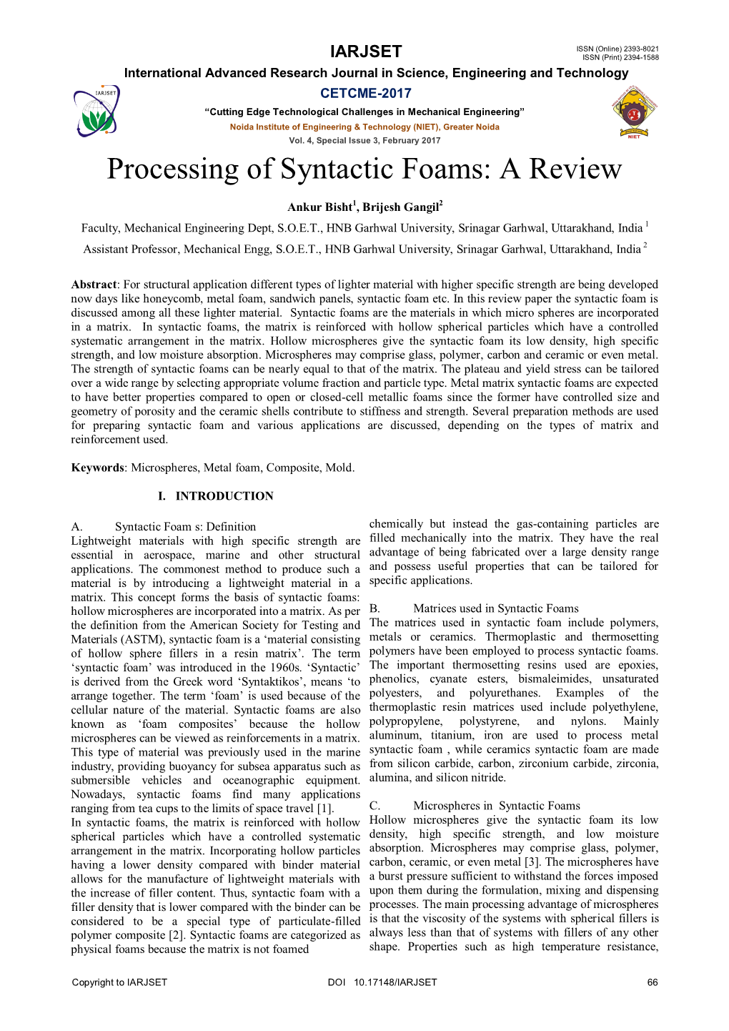 Processing of Syntactic Foams: a Review