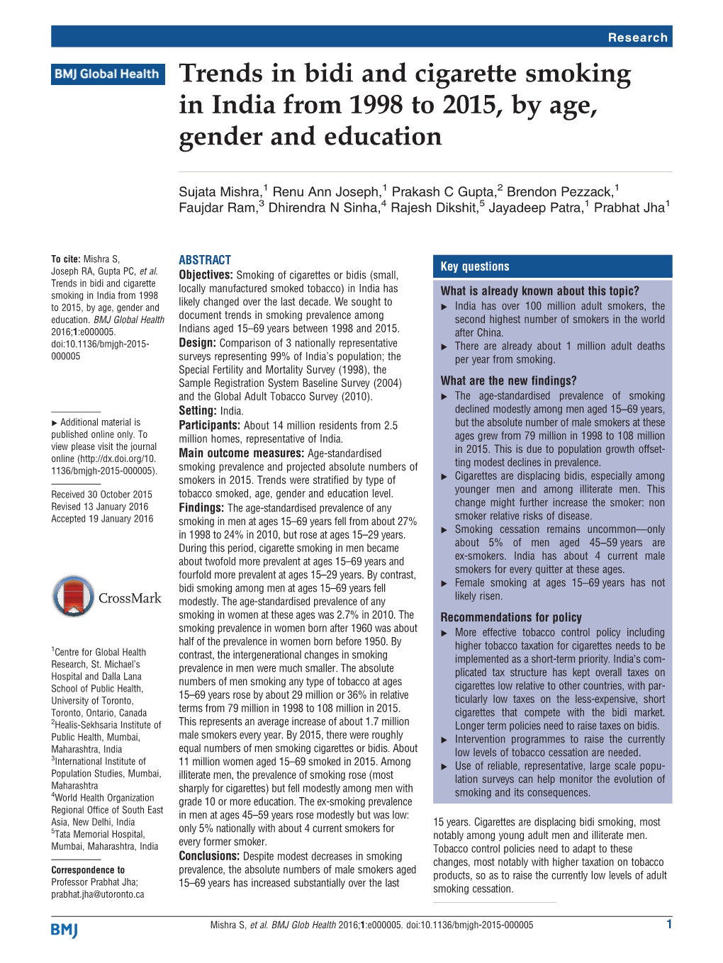 Trends in Bidi and Cigarette Smoking in India from 1998 to 2015, by Age, Gender and Education