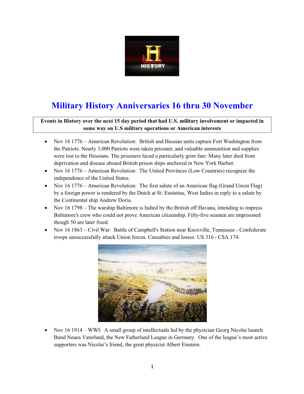 Military History Anniversaries 16 Thru 30 November