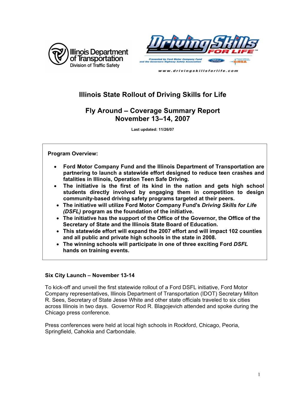 Illinois State Rollout of Driving Skills for Life Fly Around
