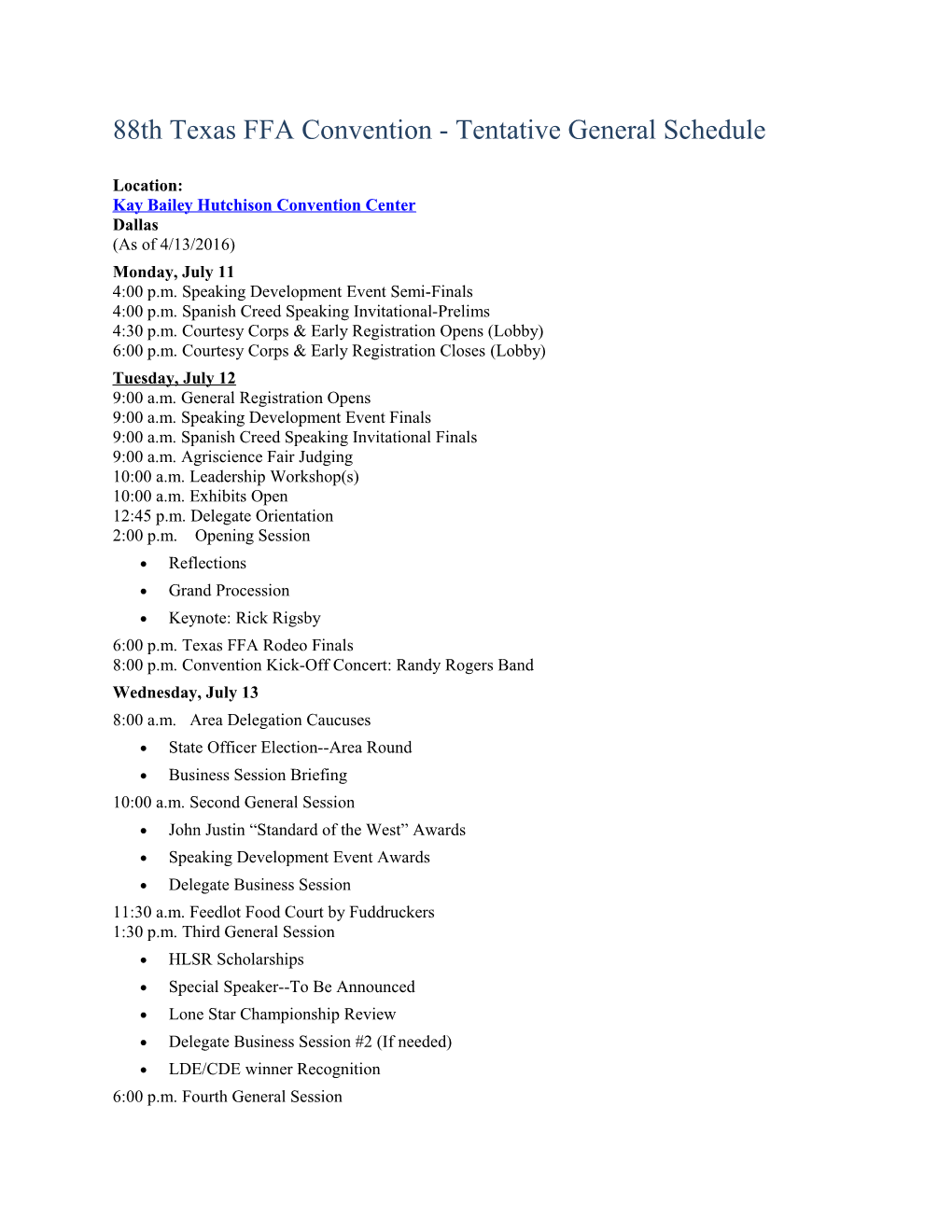 88Th Texas FFA Convention - Tentative General Schedule