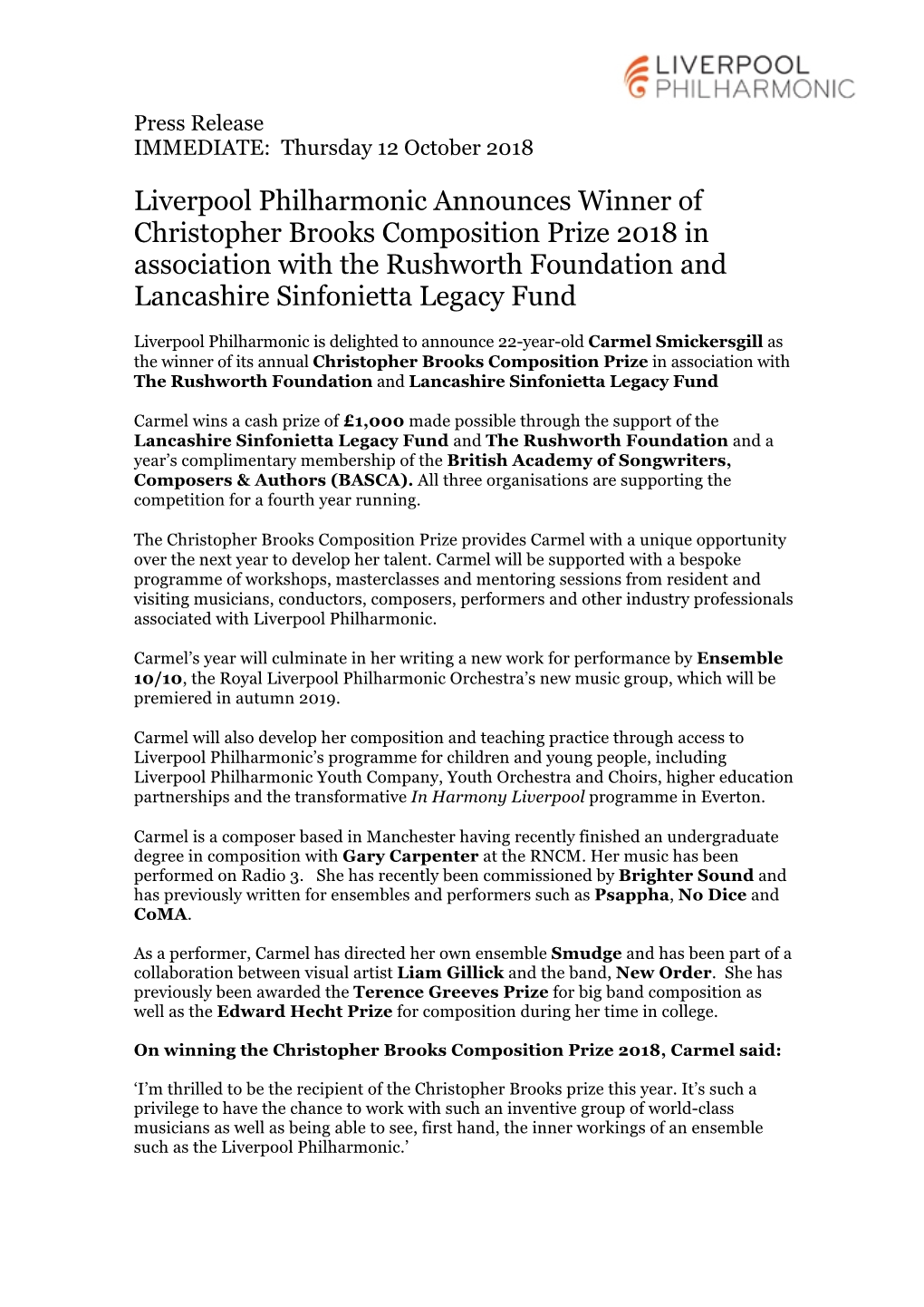 Liverpool Philharmonic Announces Winner of Christopher Brooks Composition Prize 2018 in Association with the Rushworth Foundatio