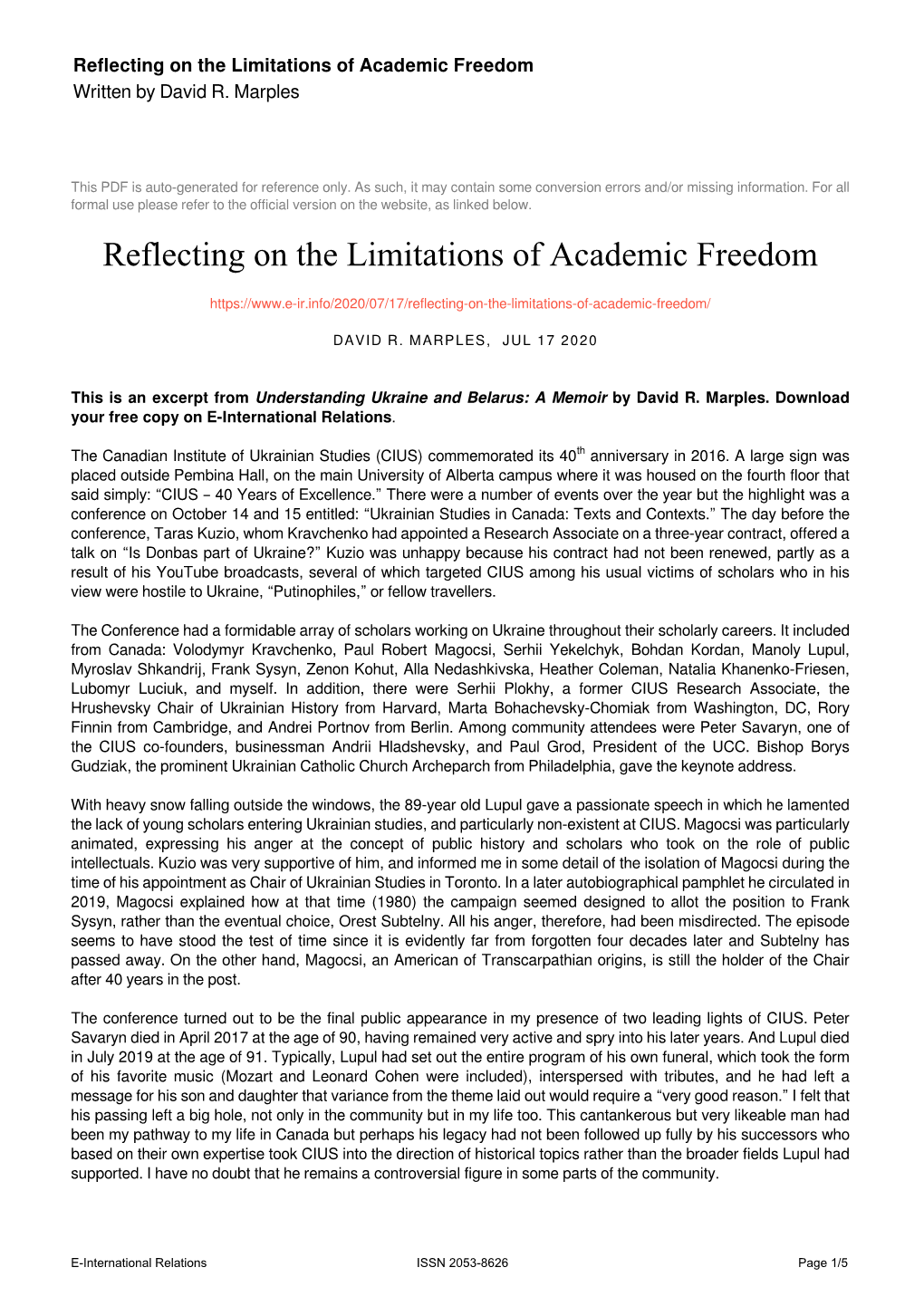 Reflecting on the Limitations of Academic Freedom Written by David R