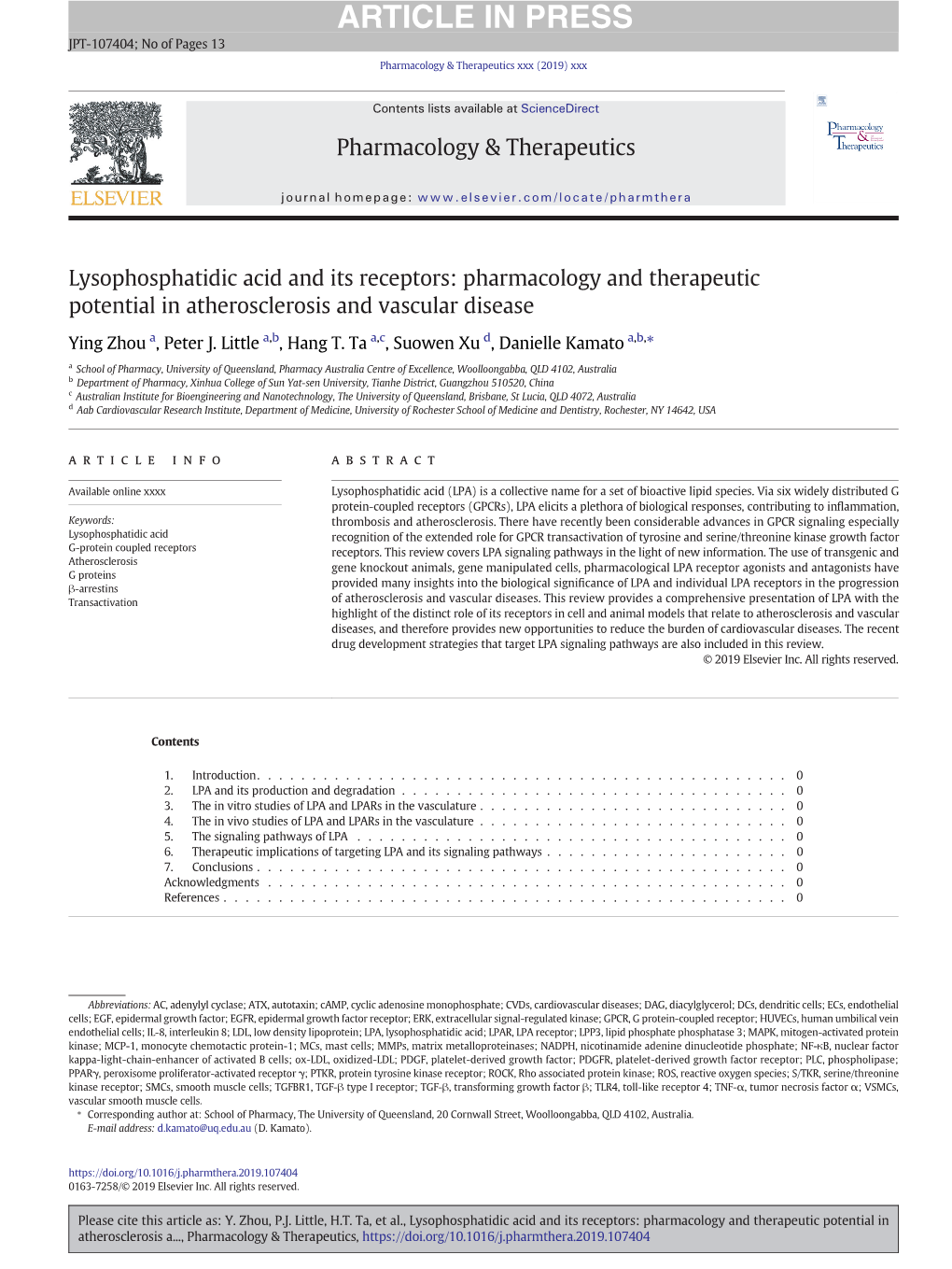 Lysophosphatidic Acid and Its Receptors: Pharmacology and Therapeutic Potential in Atherosclerosis and Vascular Disease