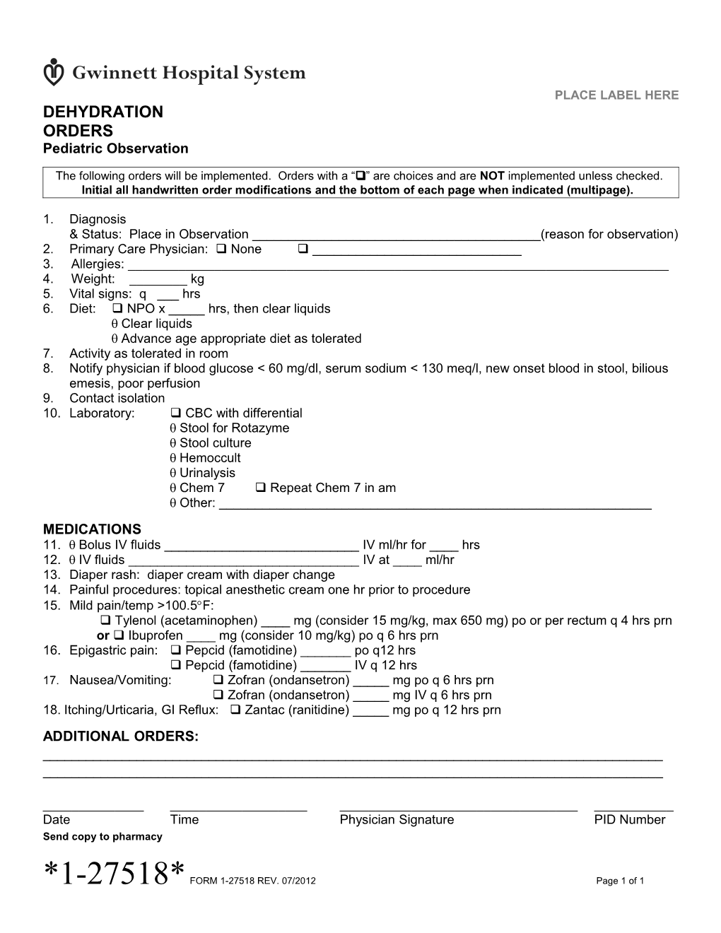 Pediatric Observation Dehydration Orders