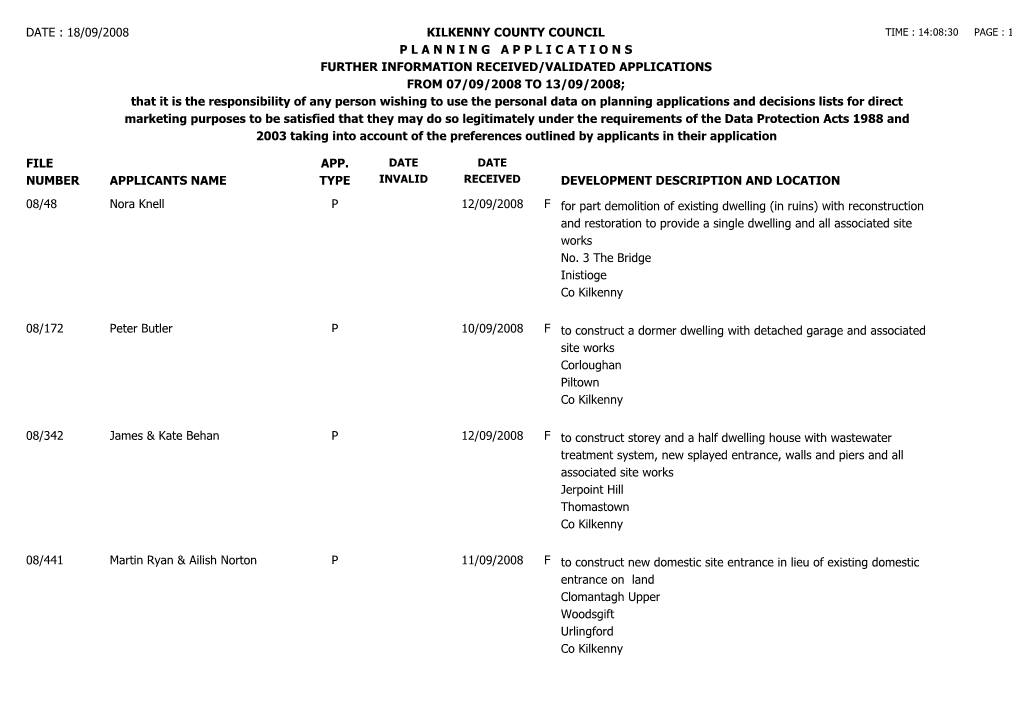 File Number Date : 18/09/2008 Kilkenny County Council P L a N N I N G a P P L I C a T I O N S Further Information Received/Val