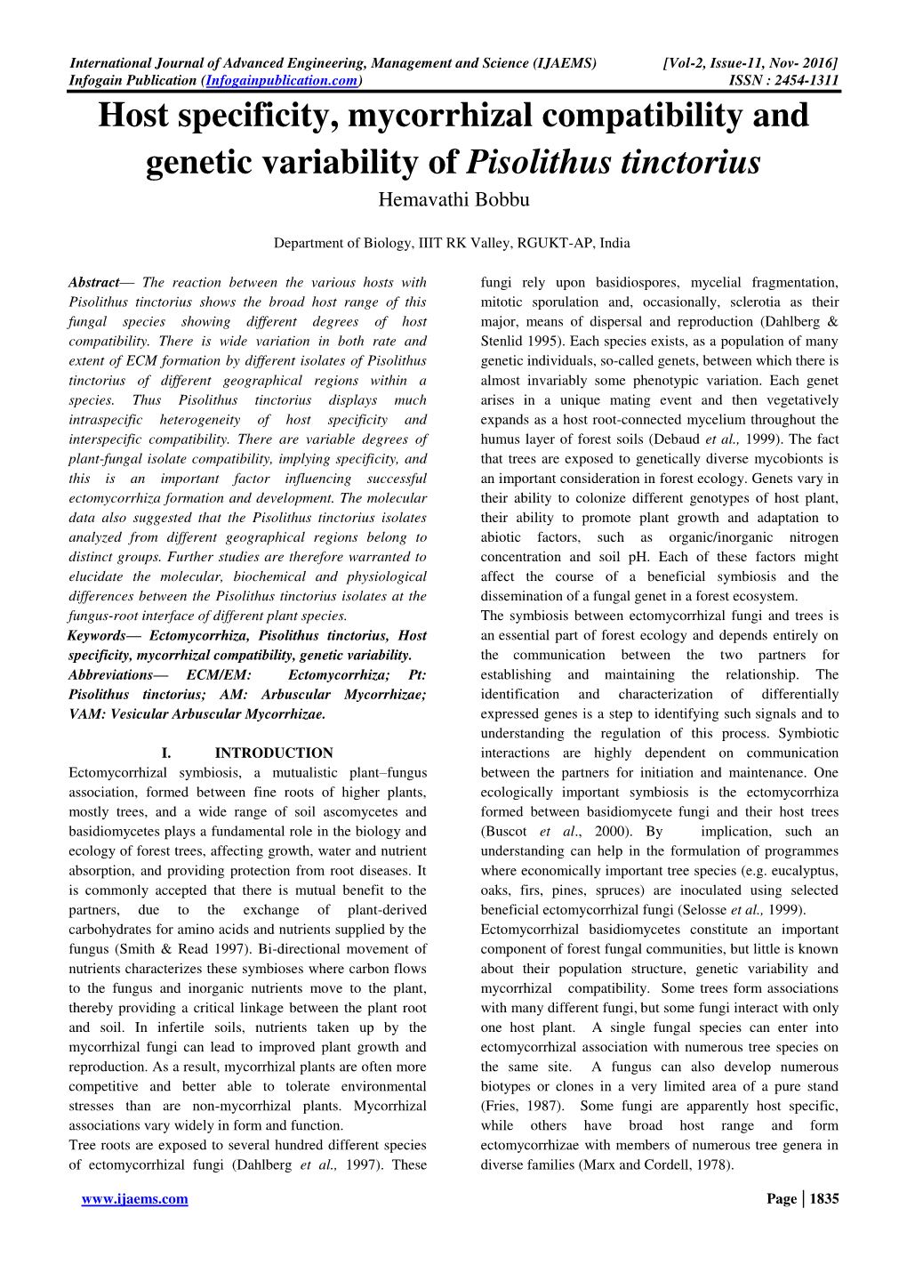 Host Specificity, Mycorrhizal Compatibility and Genetic Variability of Pisolithus Tinctorius Hemavathi Bobbu