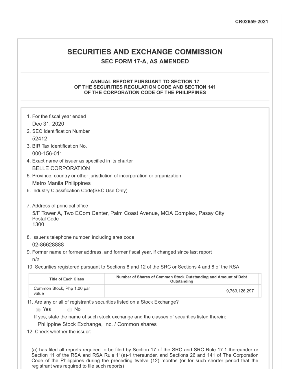 Securities and Exchange Commission Sec Form 17-A, As Amended