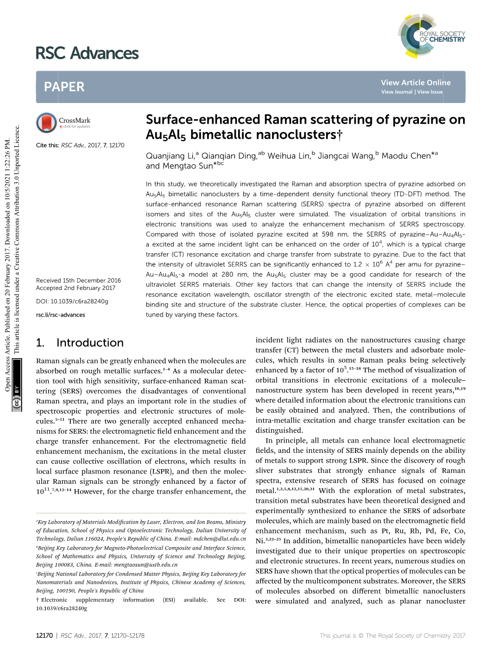 Surface-Enhanced Raman Scattering of Pyrazine on Au5al5 Bimetallic