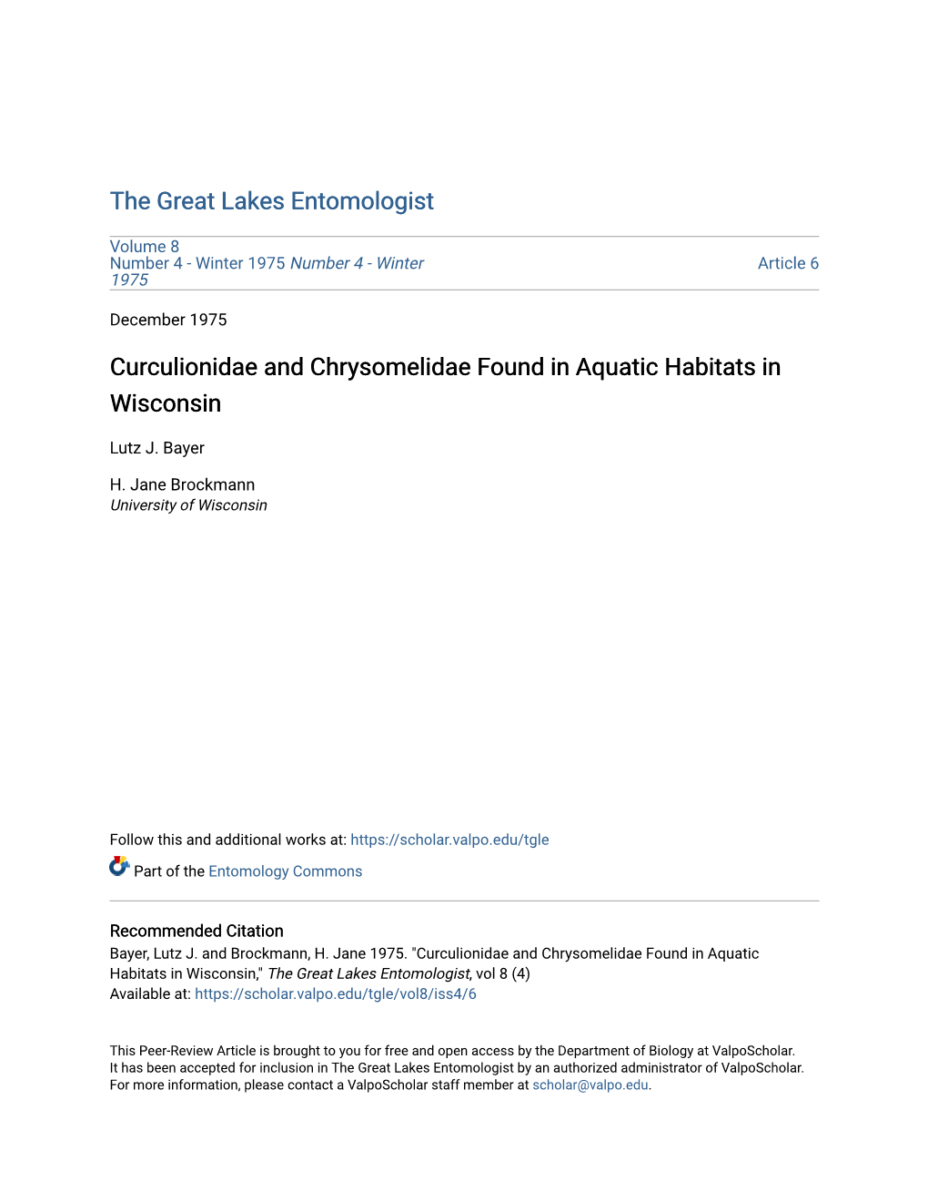 Curculionidae and Chrysomelidae Found in Aquatic Habitats in Wisconsin