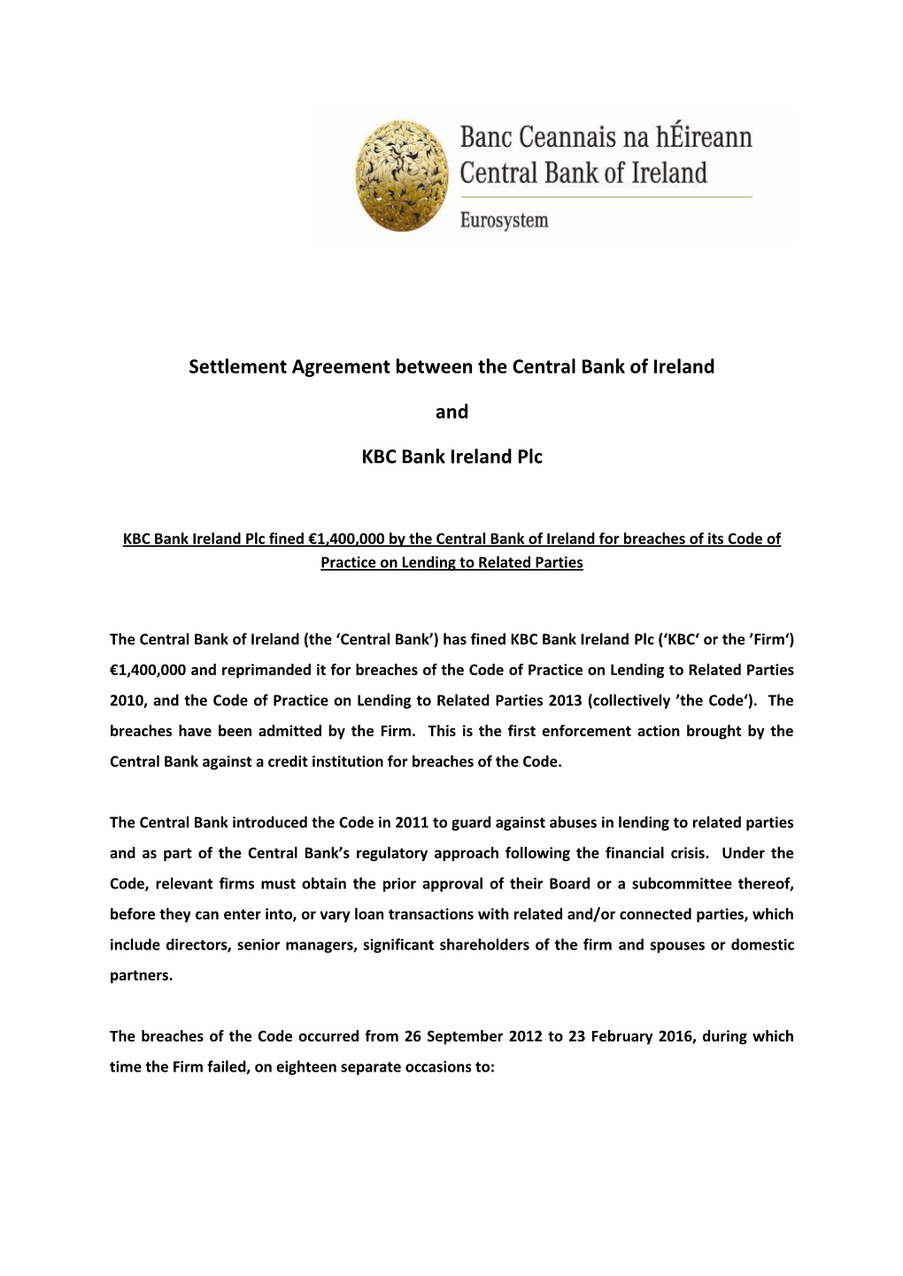 Public Statement Relating to Settlement Agreement Between the Central Bank of Ireland and KBC Bank Ireland