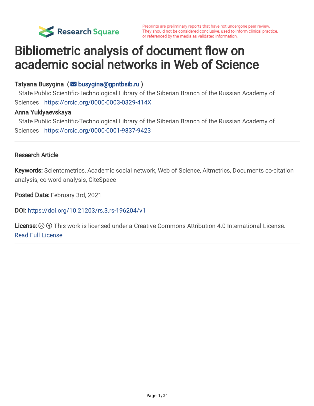 Bibliometric Analysis of Document Ow on Academic Social Networks in Web of Science