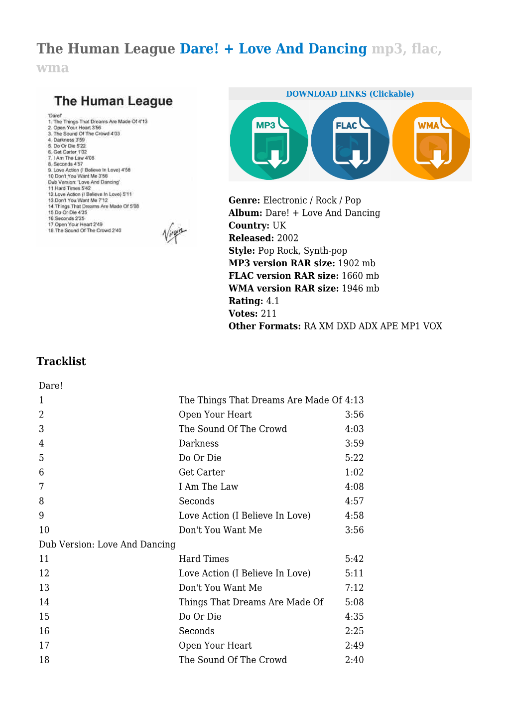 The Human League Dare! + Love and Dancing Mp3, Flac, Wma