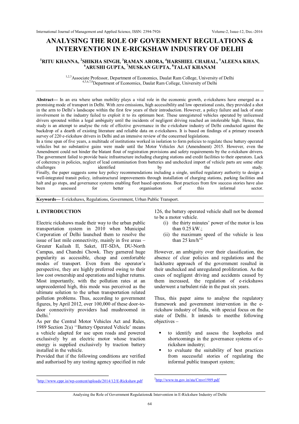 Analysing the Role of Government Regulations & Intervention in E-Rickshaw Industry of Delhi