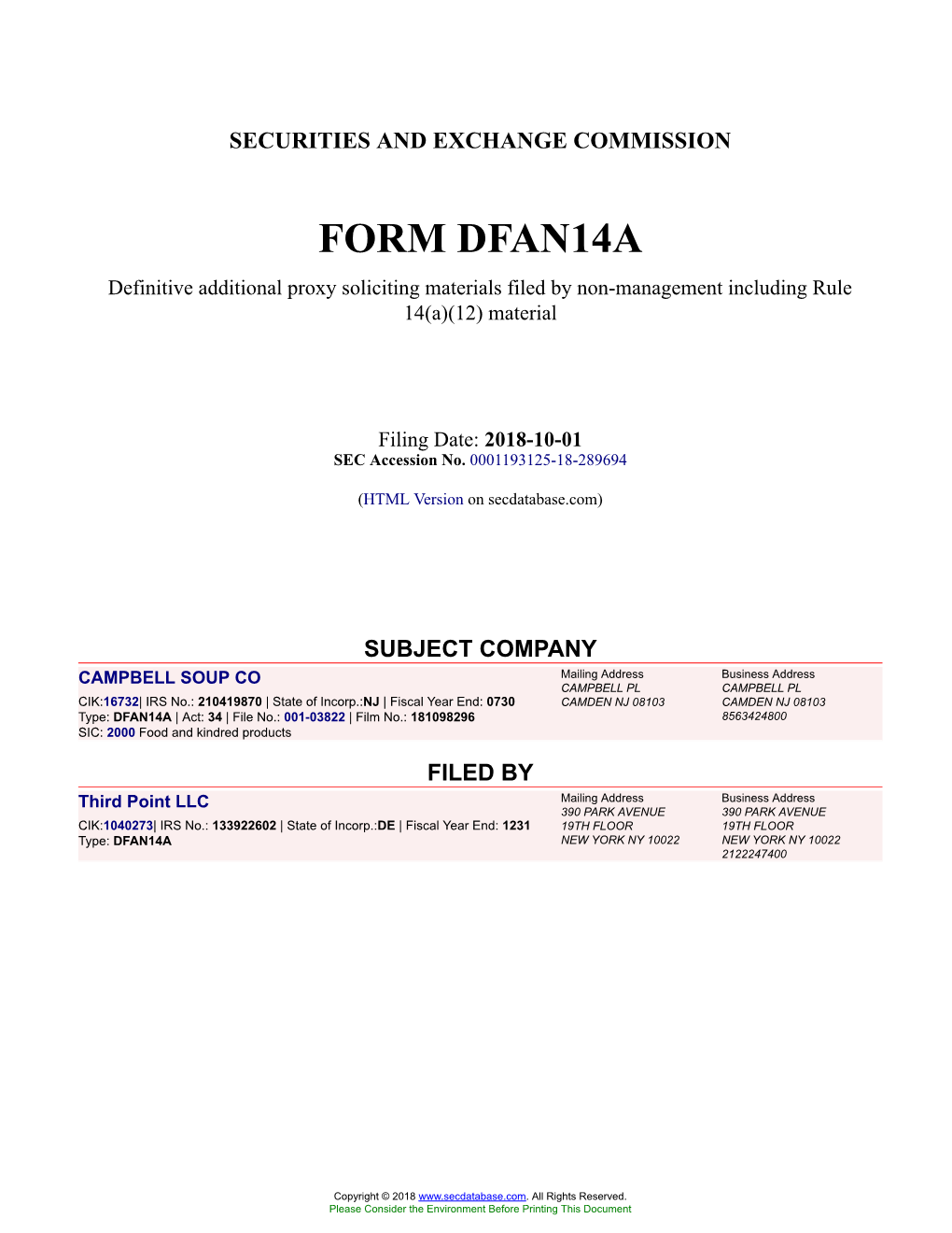 CAMPBELL SOUP CO Form DFAN14A Filed 2018-10-01