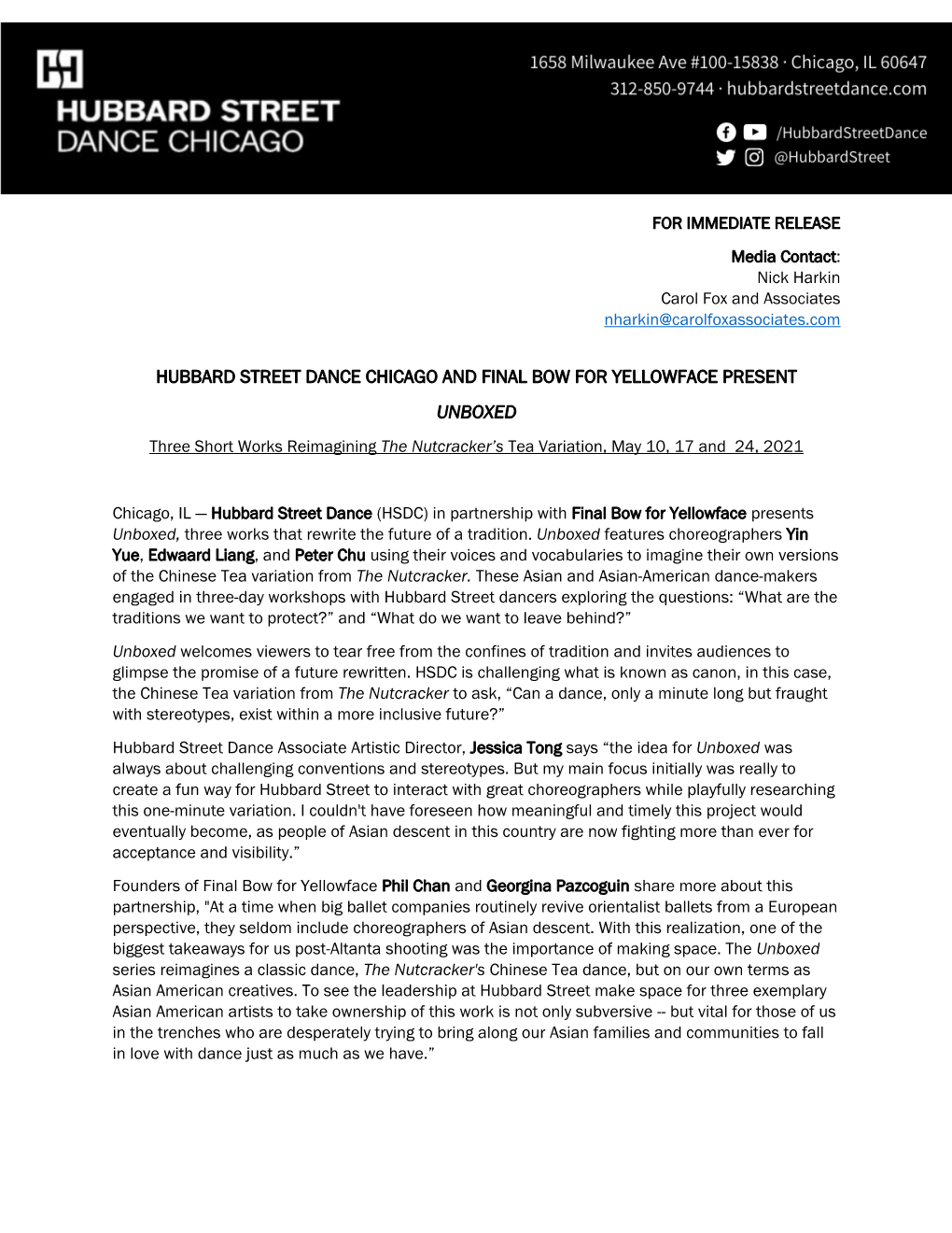 HUBBARD STREET DANCE CHICAGO and FINAL BOW for YELLOWFACE PRESENT UNBOXED Three Short Works Reimagining the Nutcracker’S Tea Variation, May 10, 17 and 24, 2021