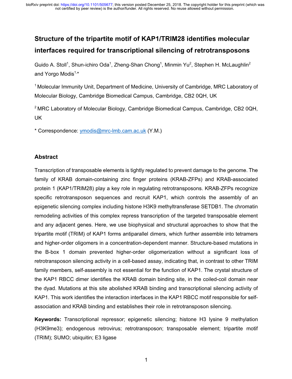 Structure of the Tripartite Motif of KAP1/TRIM28 Identifies Molecular Interfaces Required for Transcriptional Silencing of Retrotransposons