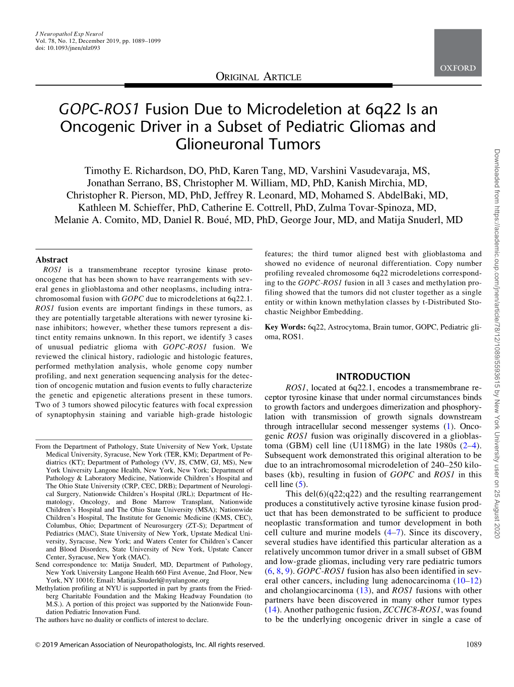 GOPC-ROS1 Fusion Due to Microdeletion at 6Q22 Is an Oncogenic Driver in a Subset of Pediatric Gliomas And