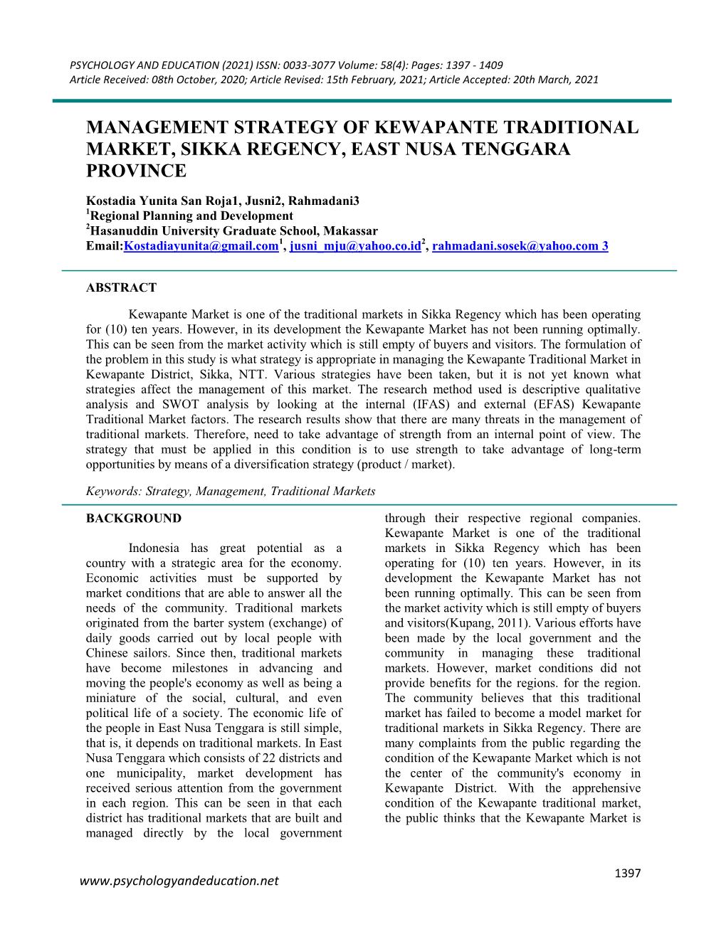 Management Strategy of Kewapante Traditional Market, Sikka Regency, East Nusa Tenggara Province