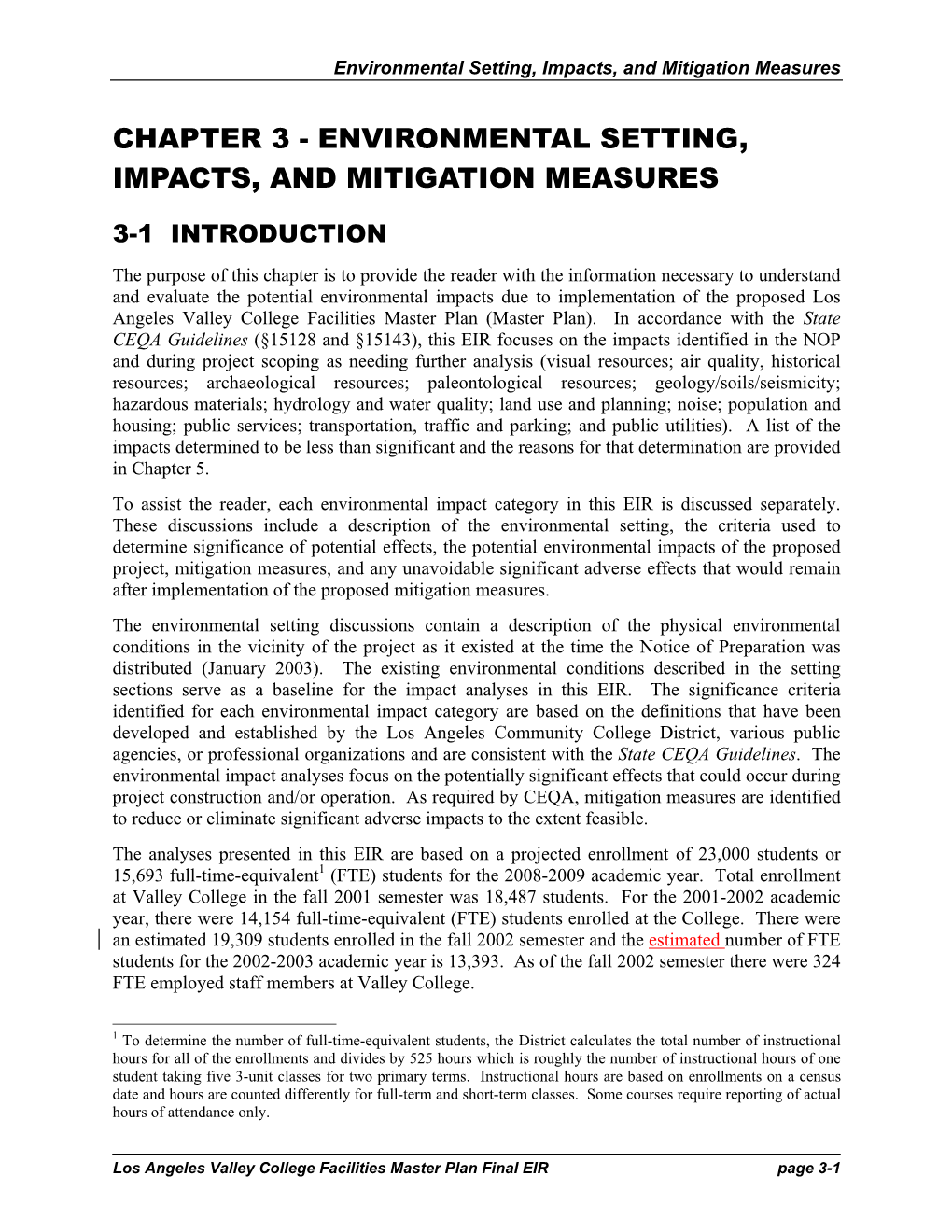 Chapter 3 - Environmental Setting, Impacts, and Mitigation Measures