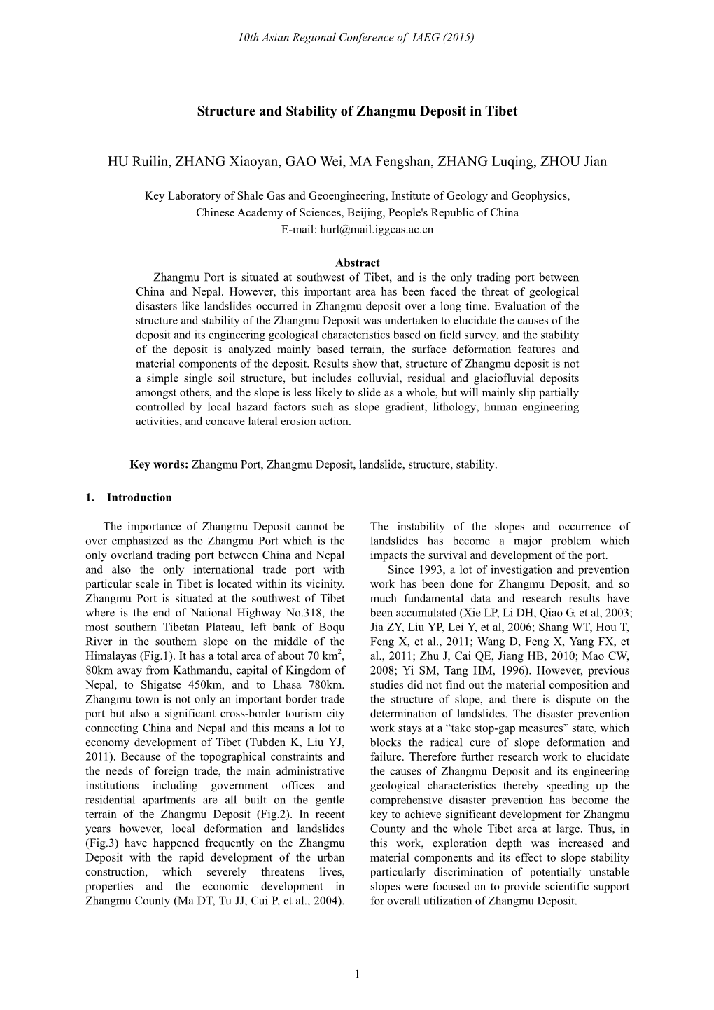 Structure and Stability of Zhangmu Deposit in Tibet HU Ruilin, ZHANG