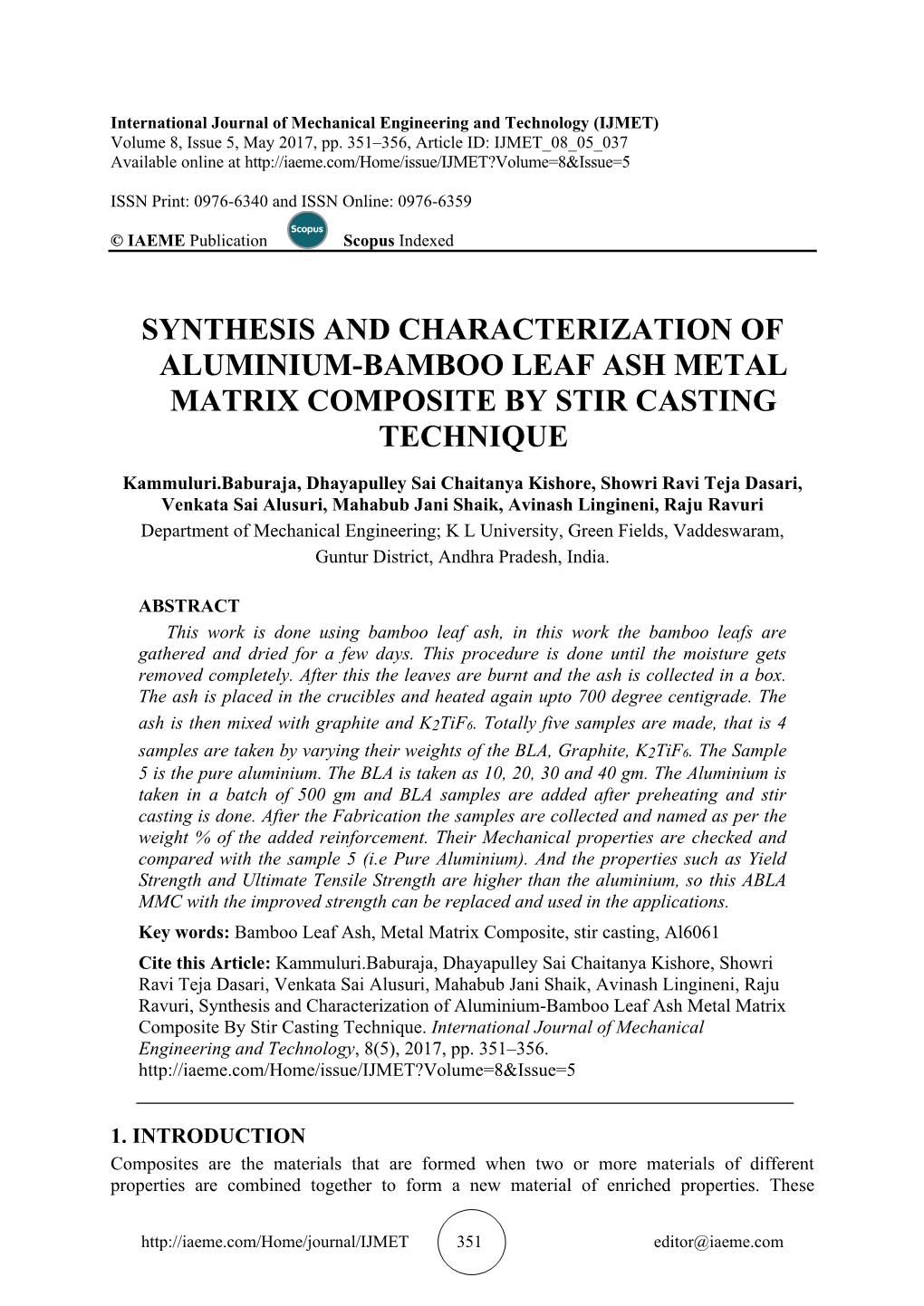 Synthesis and Characterization of Aluminium-Bamboo Leaf Ash Metal Matrix Composite by Stir Casting Technique