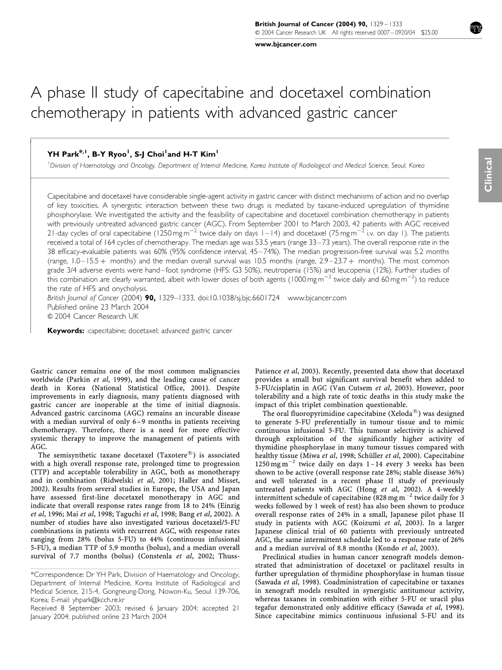 A Phase II Study of Capecitabine and Docetaxel Combination Chemotherapy in Patients with Advanced Gastric Cancer