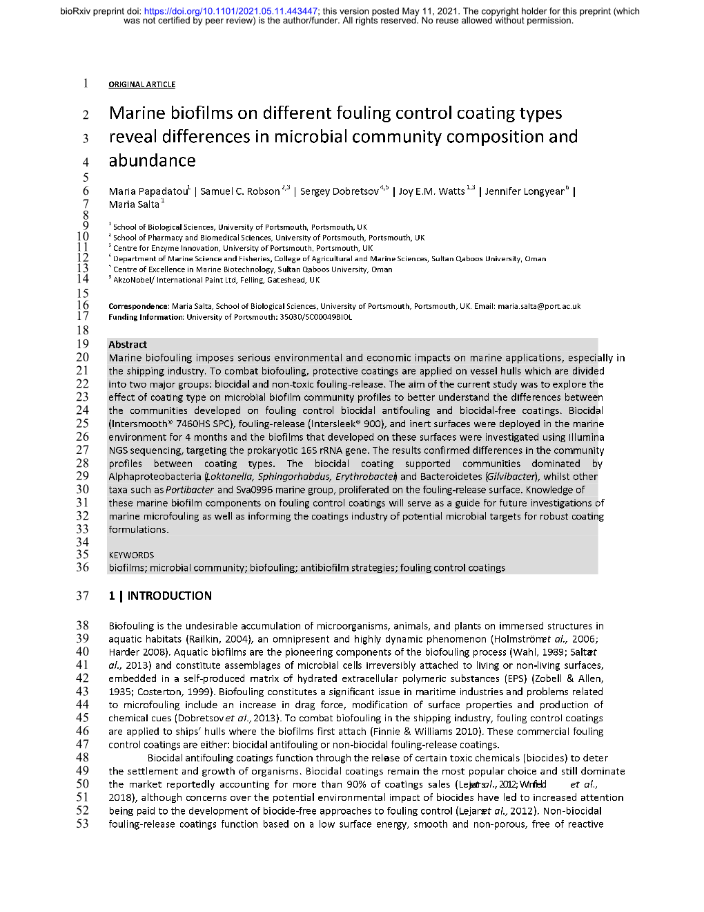 Marine Biofilms on Different Fouling Control Coating Types 3 Reveal Differences in Microbial Community Composition and 4 Abundance 5 6 Maria Papadatou 1 | Samuel C