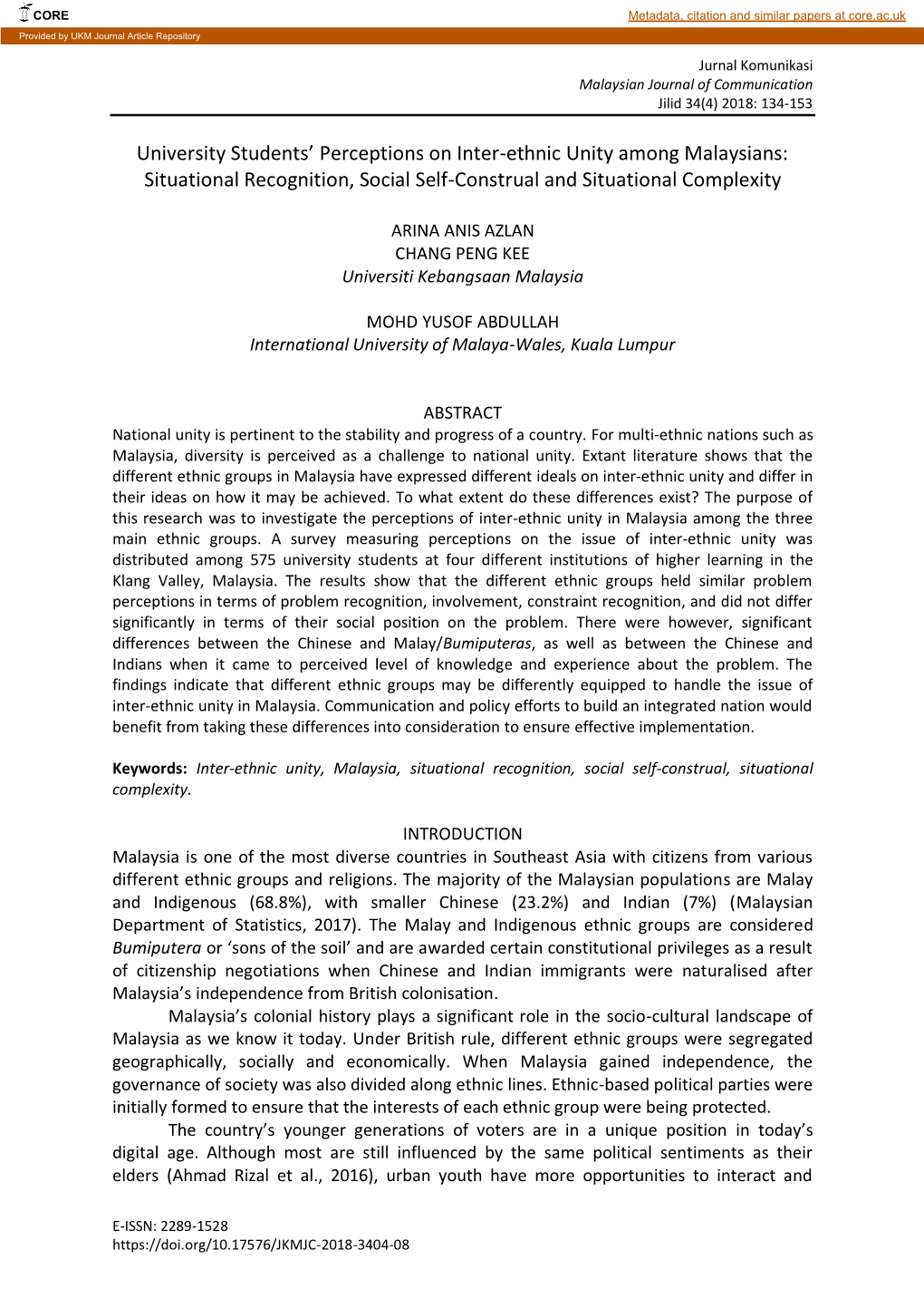 University Students' Perceptions on Inter-Ethnic Unity Among