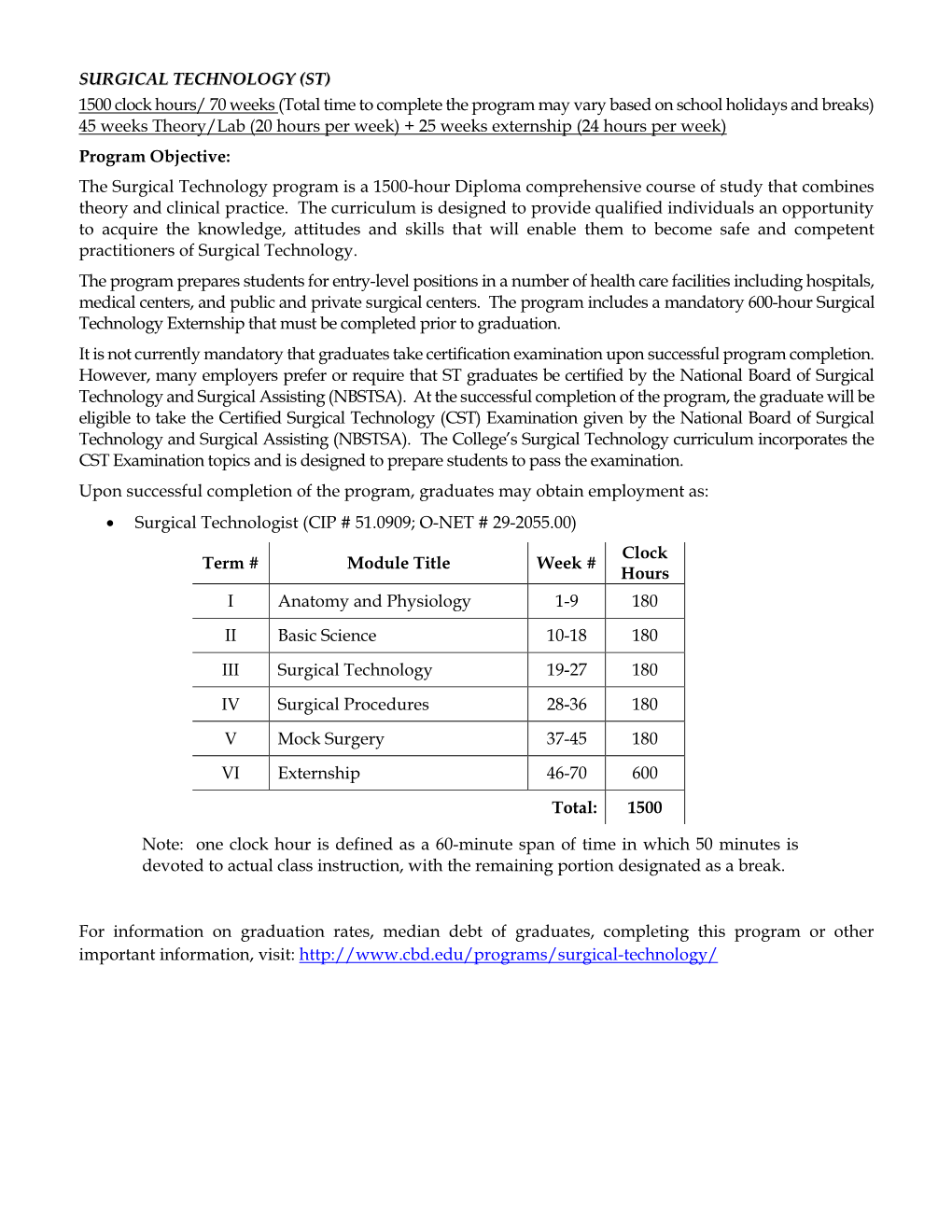 SURGICAL TECHNOLOGY (ST) 1500 Clock Hours/ 70 Weeks