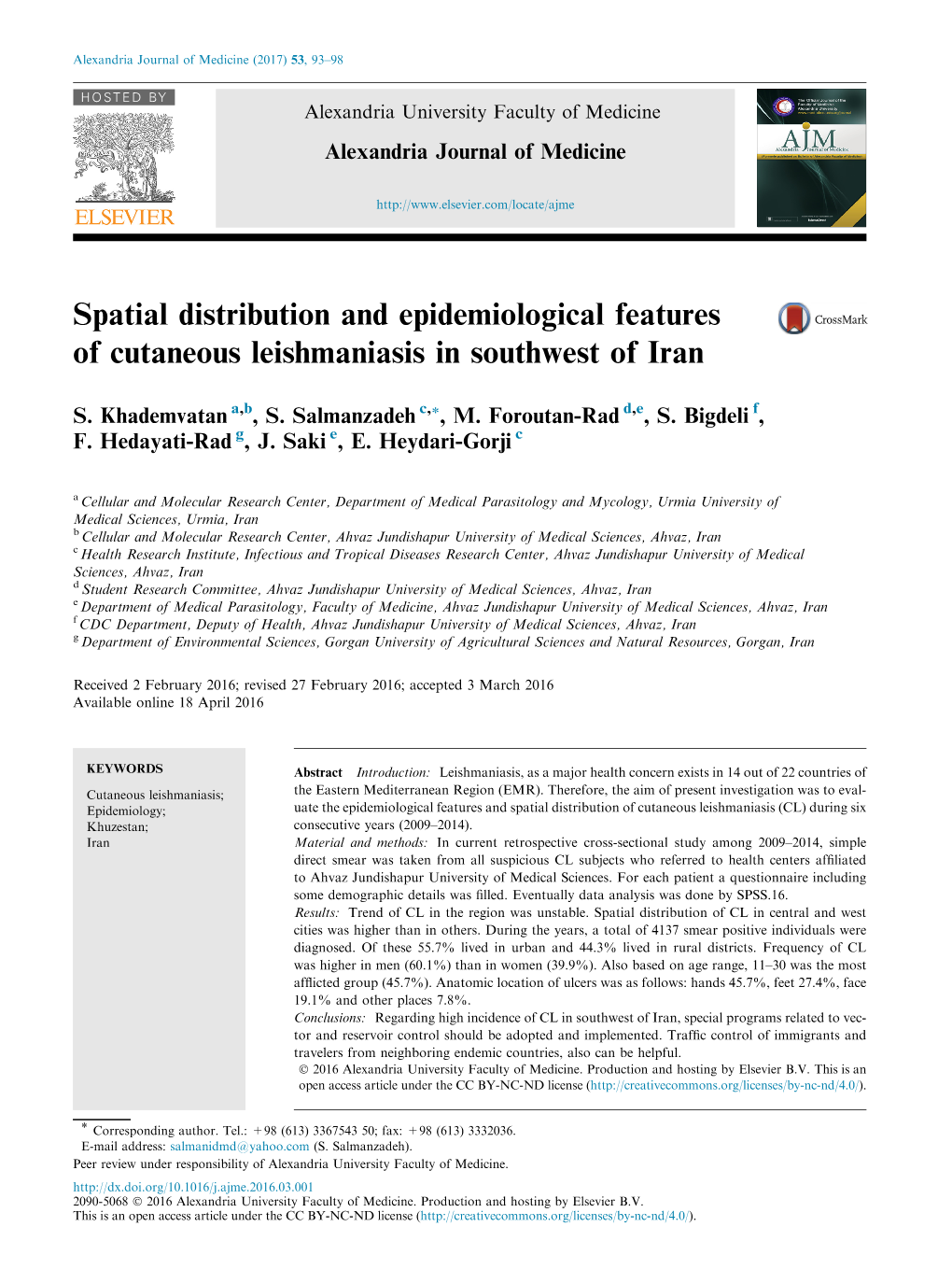 Spatial Distribution and Epidemiological Features of Cutaneous Leishmaniasis in Southwest of Iran