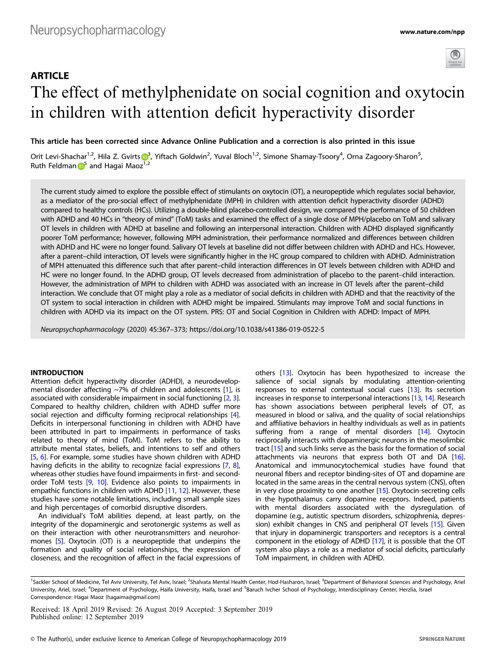 The Effect of Methylphenidate on Social Cognition and Oxytocin in Children with Attention Deﬁcit Hyperactivity Disorder