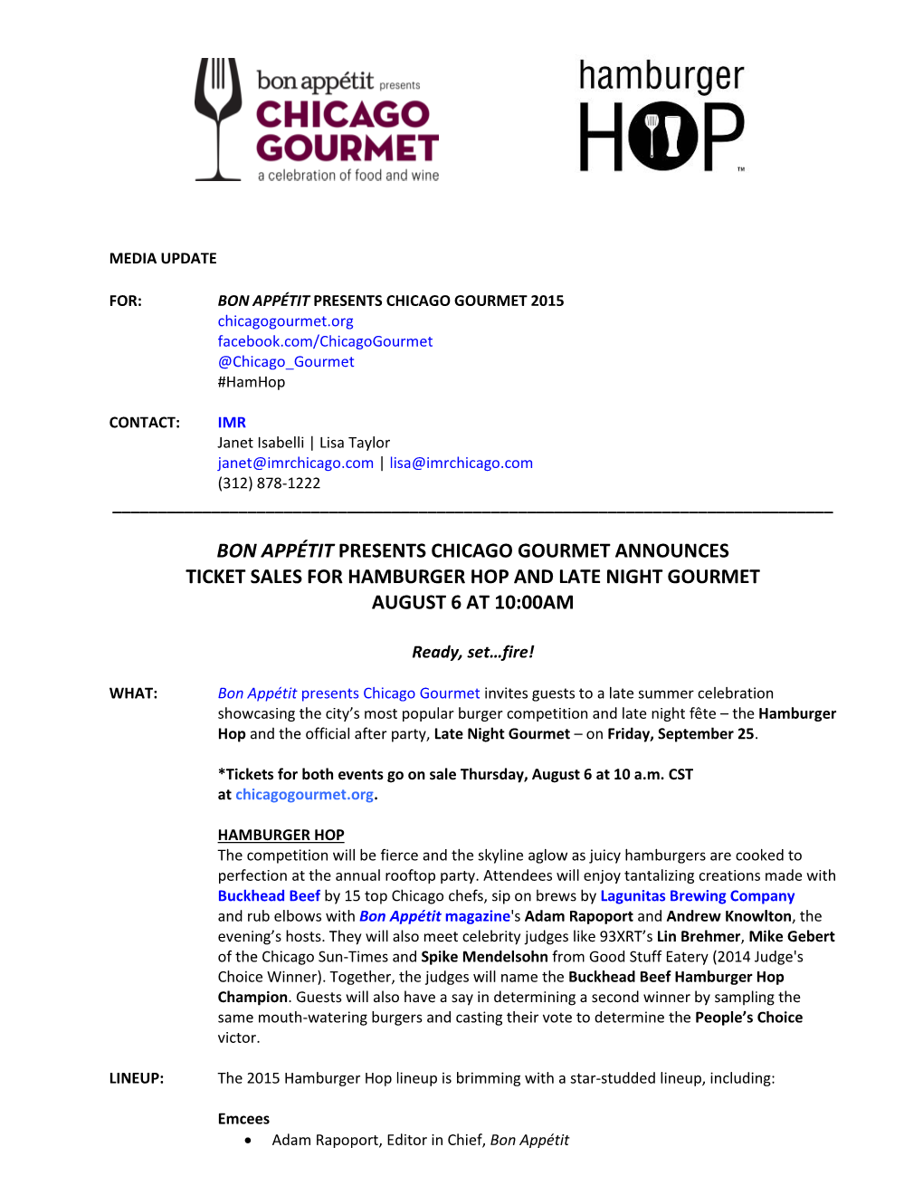 Bon Appétit Presents Chicago Gourmet Announces Ticket Sales for Hamburger Hop and Late Night Gourmet August 6 at 10:00Am