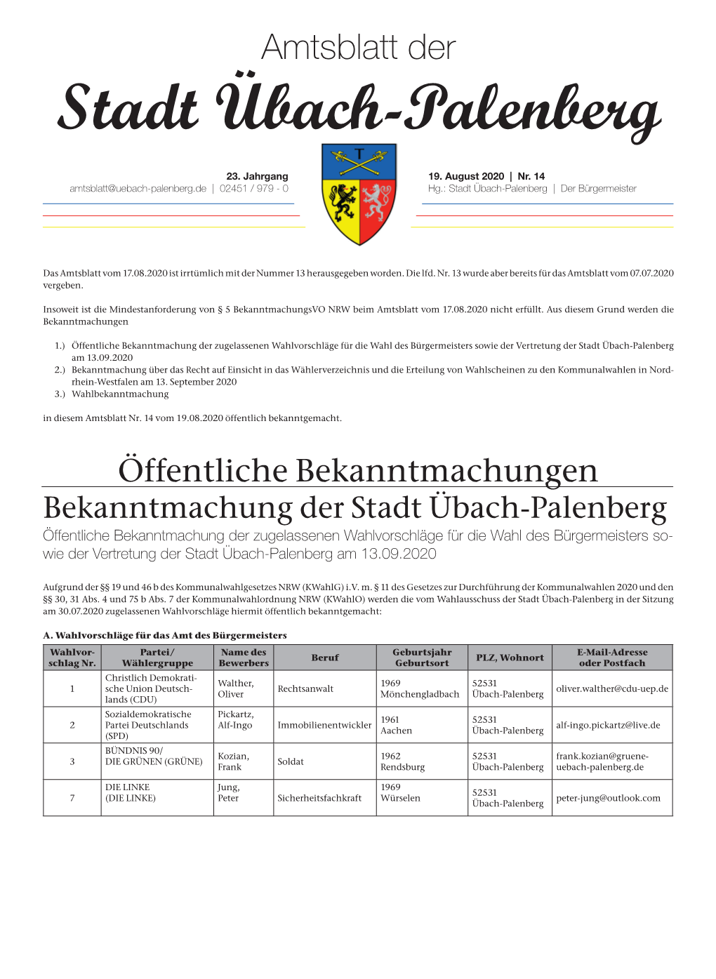 Amtsblatt Nr. 14 Vom 19.08.2020 Öffentlich Bekanntgemacht